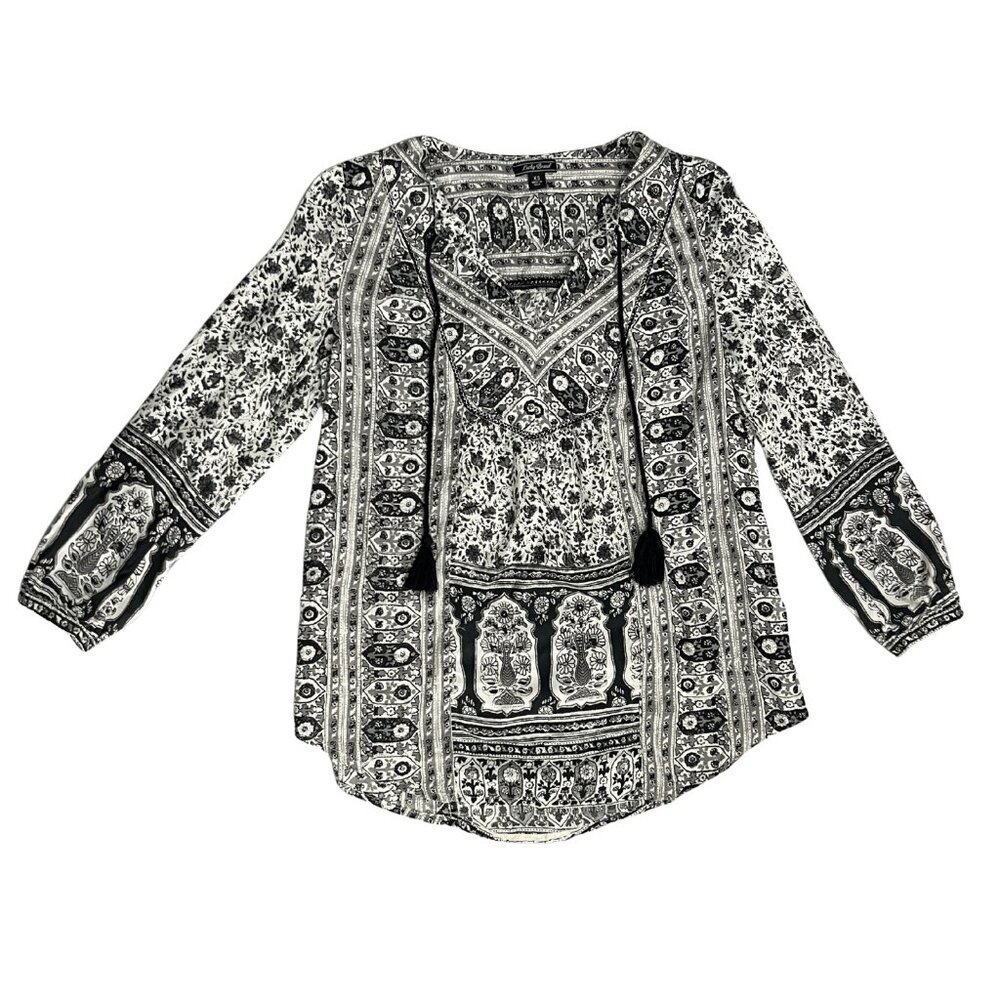 Lucky Brand Boho Peasant Top Black Gray Paisley Tunic Tassel Tie Blouse Size XS